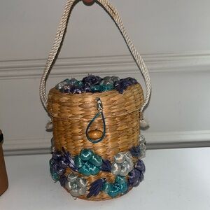 Woven Basket Bag with Floral Accents